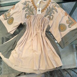 Embroidered Boho Flutter Sleeve dress - Blush & Olive